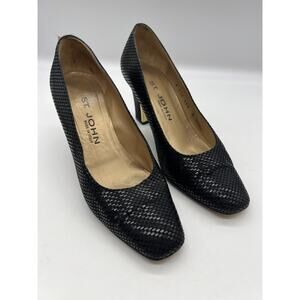 VTG St. John Sequin Black Paillette Pumps Leather Size 7.5 Made Italy Gold Heel